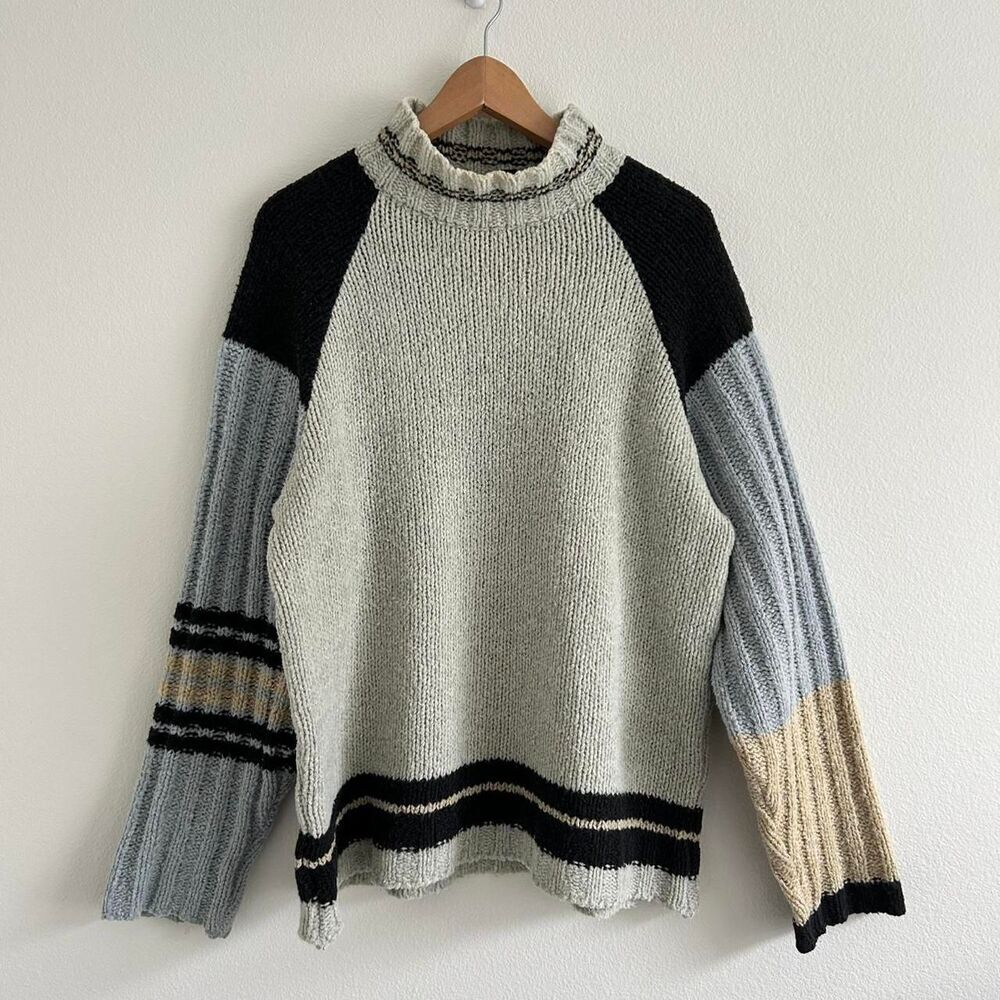 VTG 90s Liberto Knit Mockneck Oversized Dad Sweater Stripes Colorblocking Sz XL